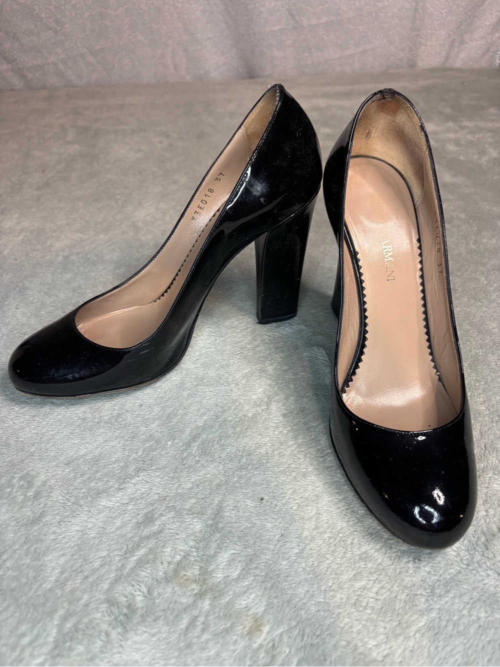 Giorgio Armani Black Patent Leather Block Heel Pumps - Size 37